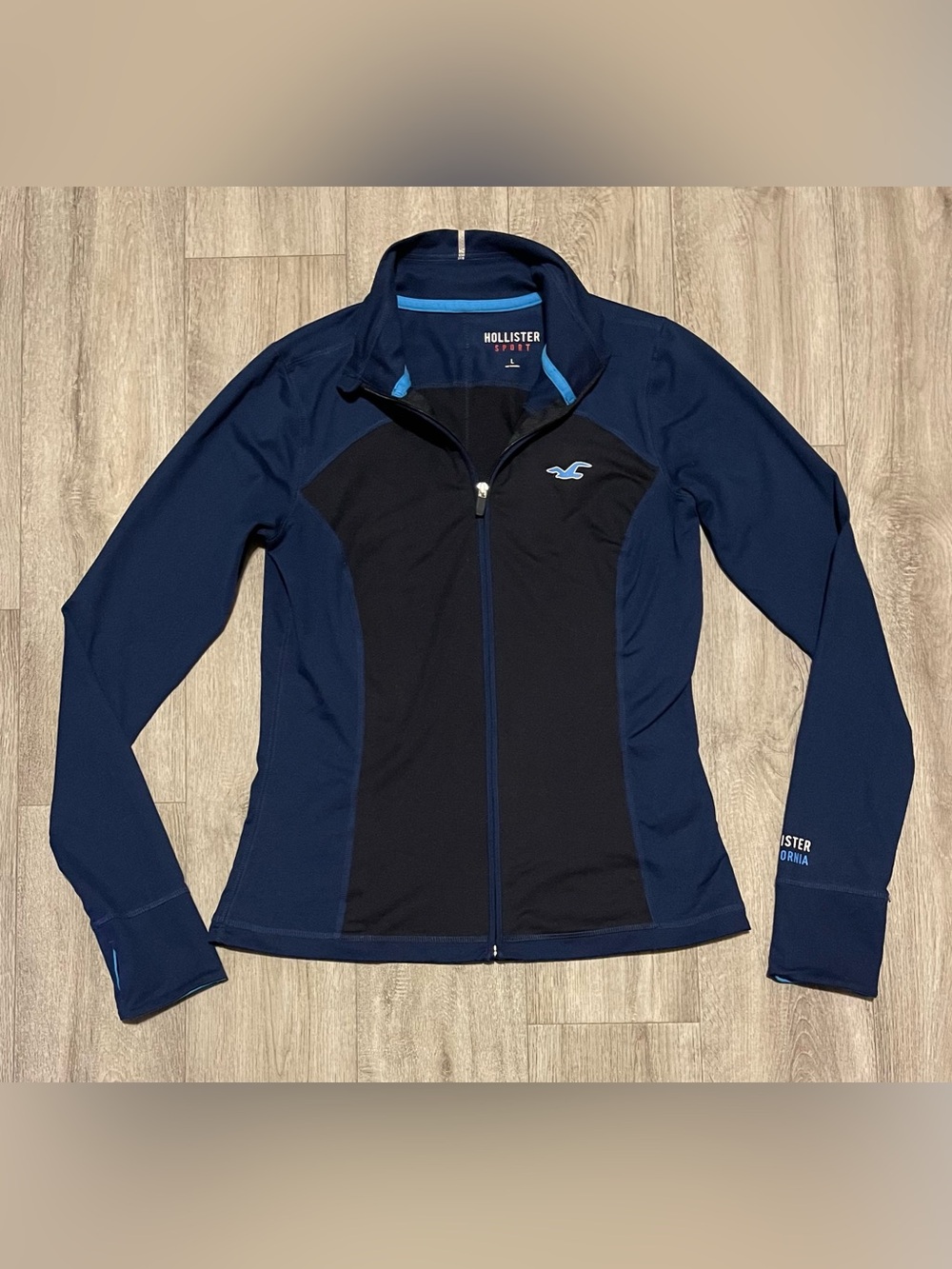 Hollister Sport Women's Size Large Full Zip Track Jacket Thumbholes Navy Black